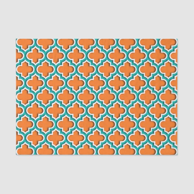 Pumpkin, Teal, White Moroccan Quatrefoil #5DS Tissue Paper (Front)