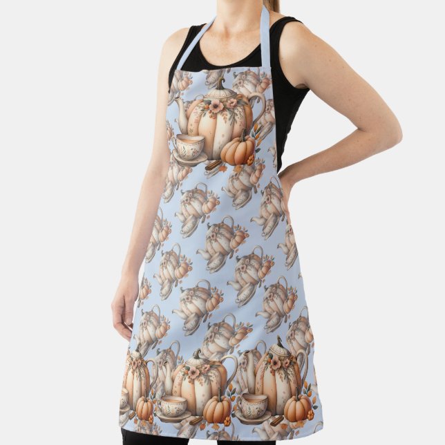Pumpkin Teapot with Fall Florals Illustration Apron (Insitu)