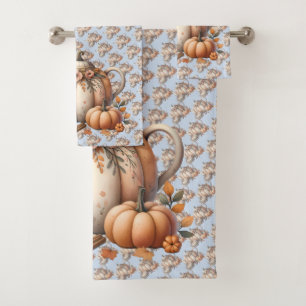 Pumpkin Teapot with Fall Florals Illustration Bath Towel Set