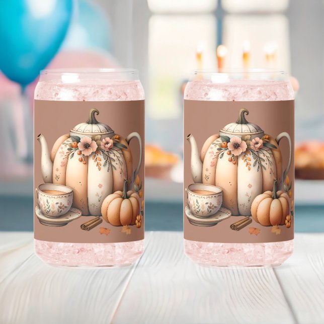 Pumpkin Teapot with Fall Florals Illustration Can Glass (Insitu (Baby Shower))