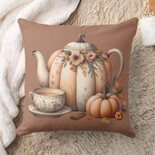 Pumpkin Teapot with Fall Florals Illustration Cushion