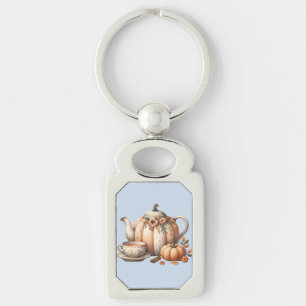 Pumpkin Teapot with Fall Florals Illustration Key Ring