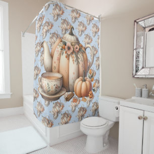 Pumpkin Teapot with Fall Florals Illustration Shower Curtain