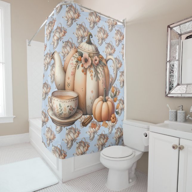 Pumpkin Teapot with Fall Florals Illustration Shower Curtain (In Situ)