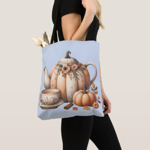 Pumpkin Teapot with Fall Florals Illustration Tote Bag