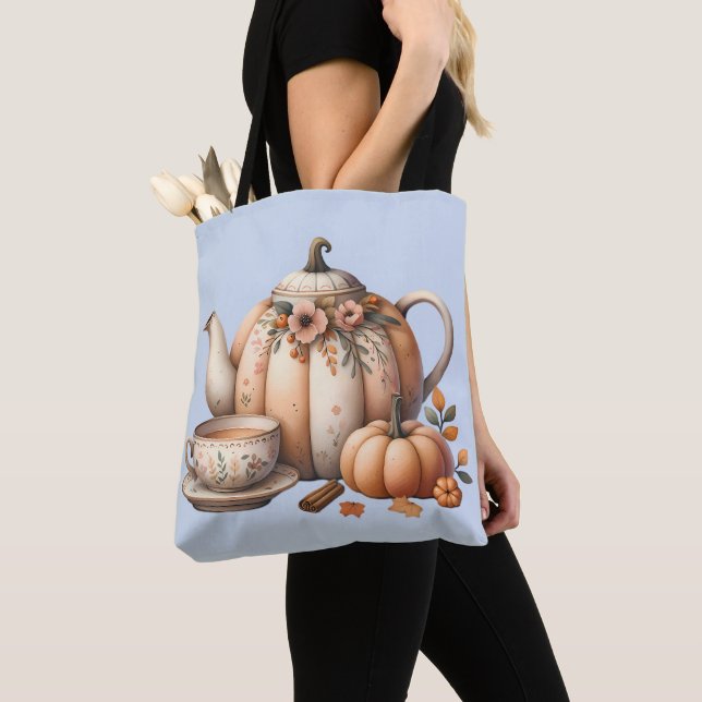 Pumpkin Teapot with Fall Florals Illustration Tote Bag (Close Up)