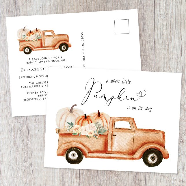 Pumpkin Terracotta Vintage Truck Baby Shower Invitation Postcard (Creator Uploaded)