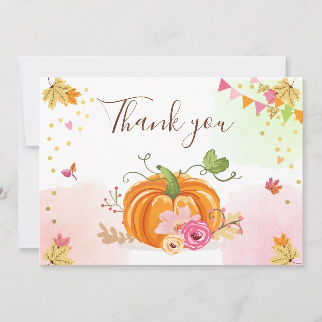 Pumpkin Thank you Card Girl Pink Floral Autumn (Front)