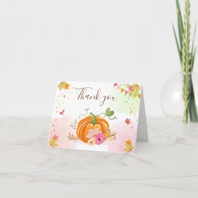 Pumpkin Thank you card Pink Gold Girl Autumn Fall (Front)