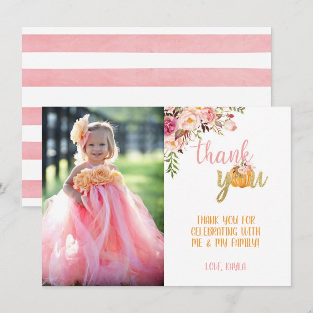 Pumpkin Thank You Photo Card - Floral Girl (St) (Front/Back)