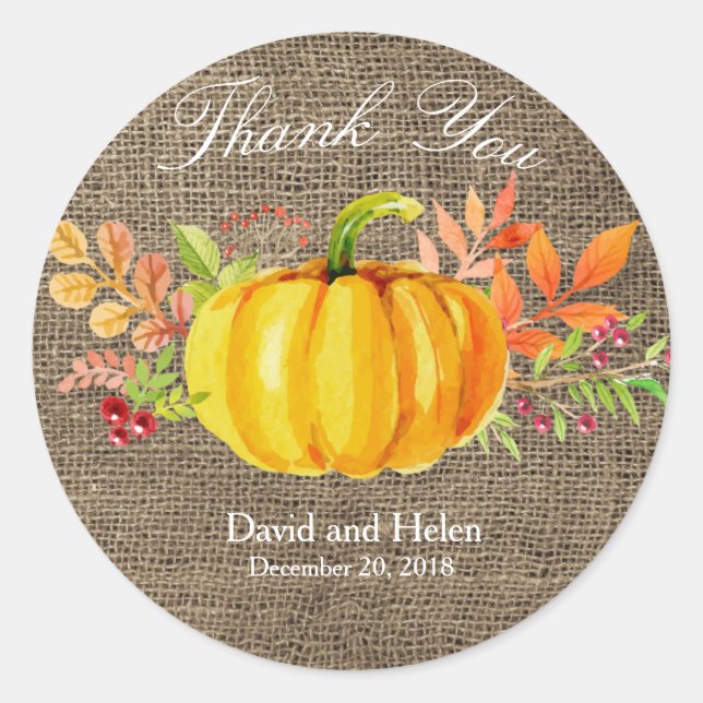 Pumpkin Thank You Round Sticker burlap (Front)
