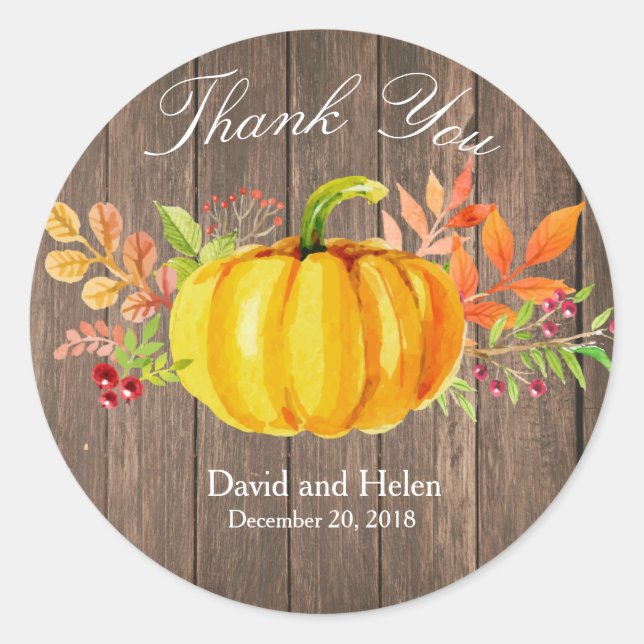 Pumpkin Thank You Round Sticker Rustic Wood (Front)