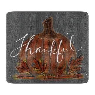 PUMPKIN THANKFUL CHALKBOARD GLASS CUTTING BOARD