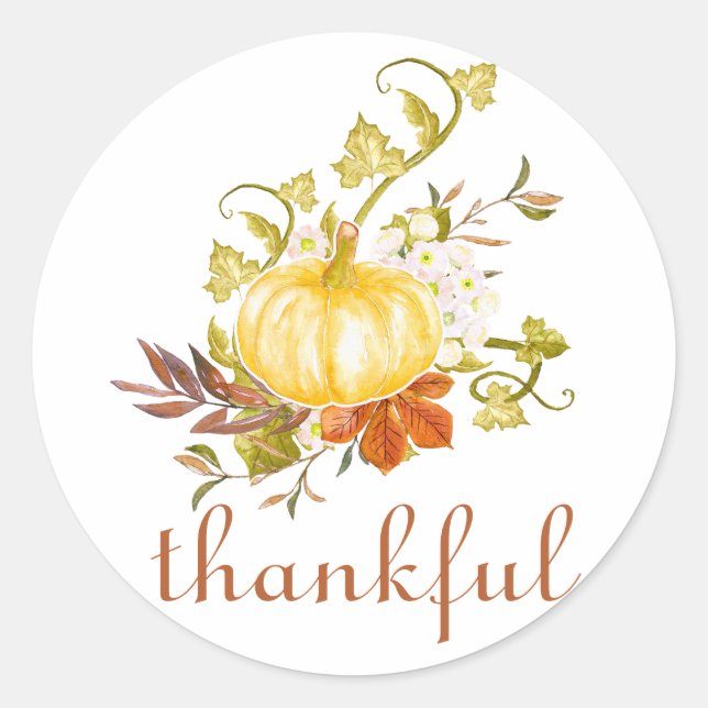Pumpkin Thankful Watercolor Thanksgiving Classic Round Sticker (Front)