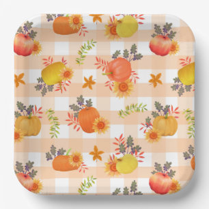 Pumpkin Thanksgiving Gingham Peach Paper Plate