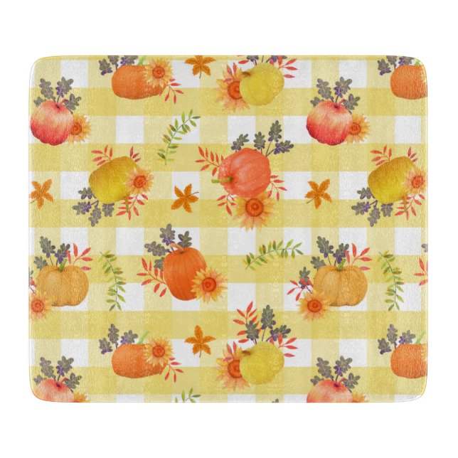 Pumpkin Thanksgiving Gingham Yellow Cutting Board (Front)