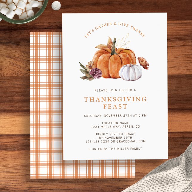 Pumpkin Thanksgiving Invitation (Rustic fall pumpkin Thanksgiving dinner party invite, watercolor autumn florals by Painted Paper)