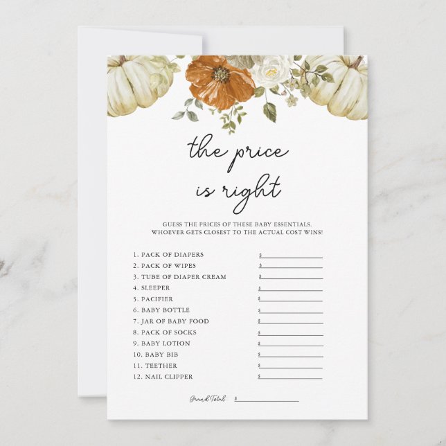 Pumpkin The Price is Right Baby Shower Game Card (Front)
