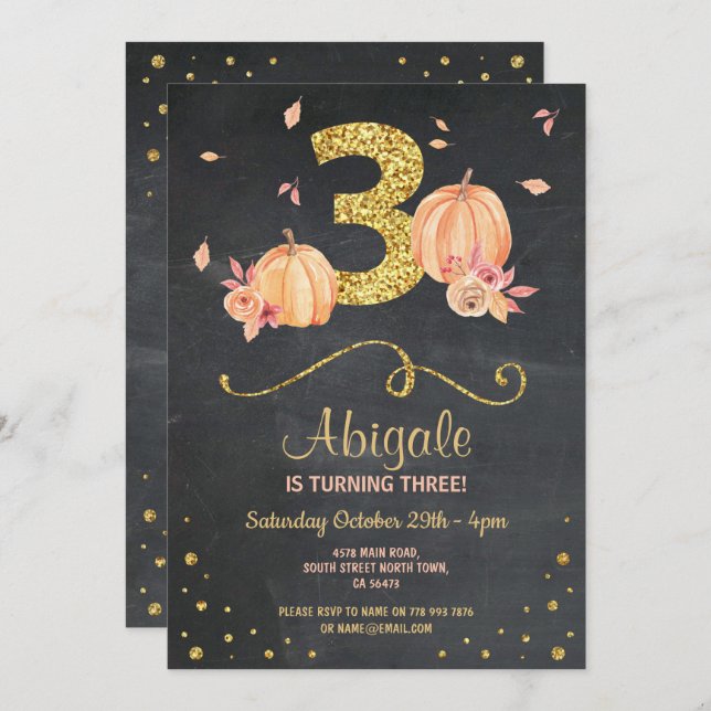Pumpkin THREE Birthday 3rd Fall Chalk Gold Invite (Front/Back)