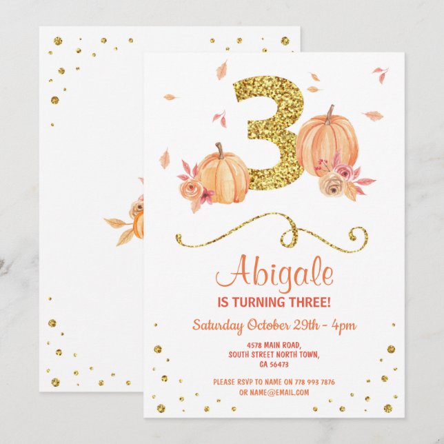 Pumpkin THREE Birthday 3rd Fall Party Gold Invite (Front/Back)