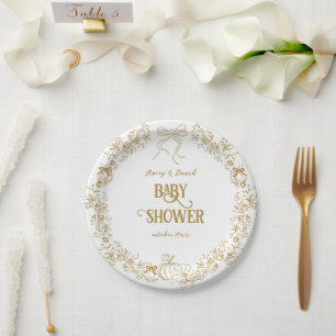 Pumpkin Toile Bow Floral Fall Baby Shower Paper Plate