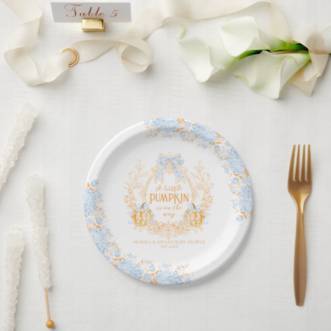 Pumpkin Toile Crest Elegant Boy Baby Shower Paper Plate (Wedding)