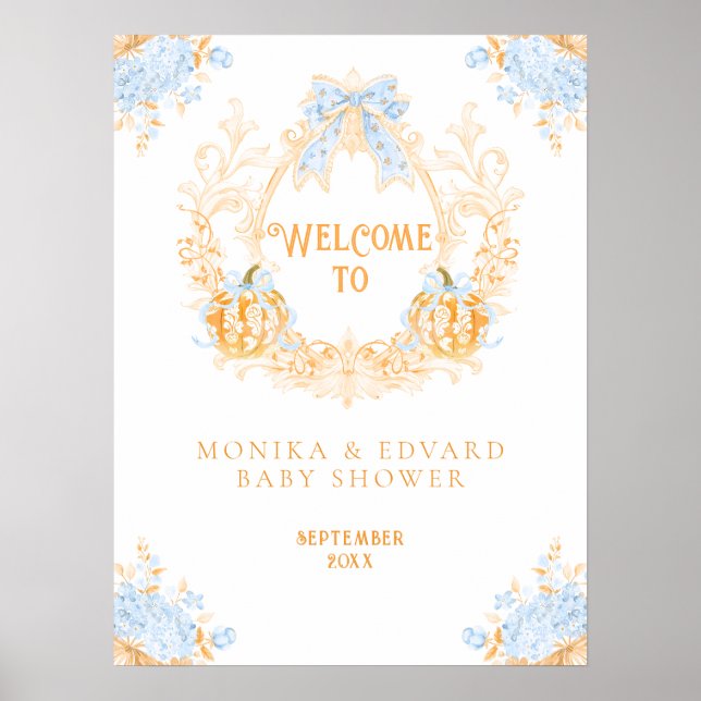 Pumpkin Toile Crest Elegant Boy Baby Shower  Poster (Front)