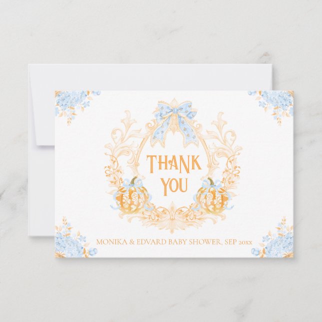 Pumpkin Toile Crest Elegant Boy Baby Shower Thank You Card (Front)