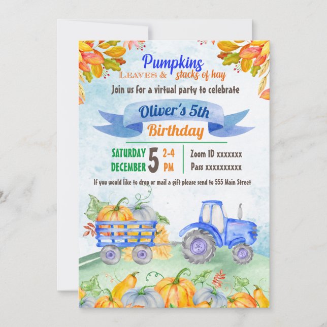 Pumpkin Tractor Virtual Birthday Invitation (Front)