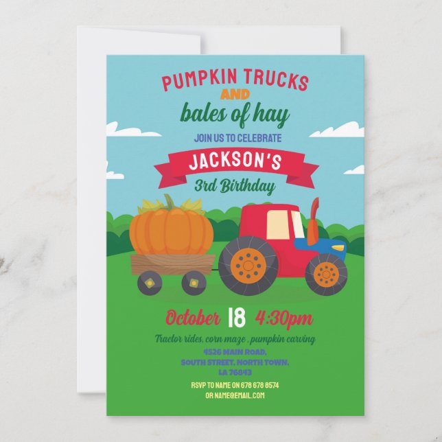 Pumpkin Tractors Birthday Harvest Party  Invitation (Front)