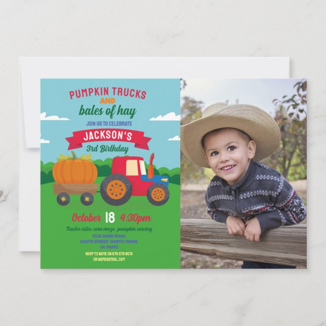 Pumpkin Tractors Birthday Photo Boys Party  Invitation (Front)
