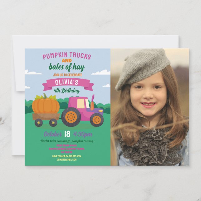 Pumpkin Tractors Birthday Photo Party Girls Invitation (Front)