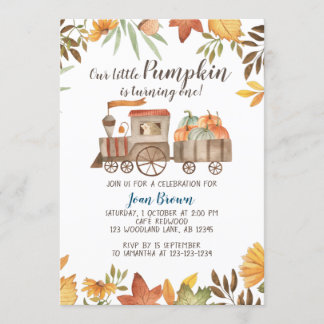 Pumpkin Train 1st Birthday, First Birthday Party Invitation
