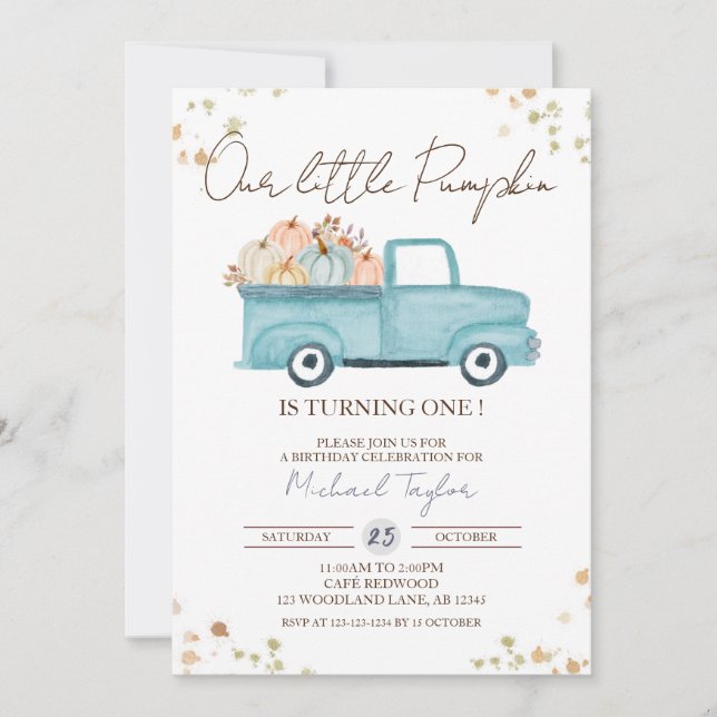 Pumpkin Truck 1st Birthday, Fall First Birthday Invitation (Front)