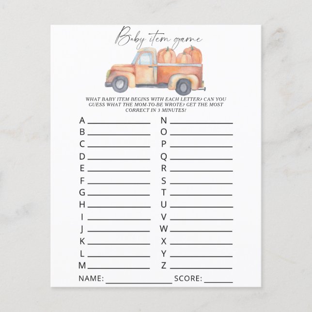 Pumpkin truck - Baby Item Game. Baby Shower Game (Front)