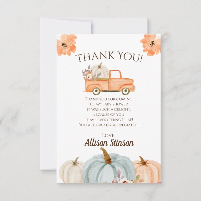 Pumpkin Truck Baby Shower Thank You Card (Front)