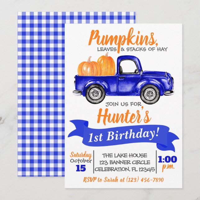 Pumpkin Truck Birthday Invitation - Blue Truck (Front/Back)