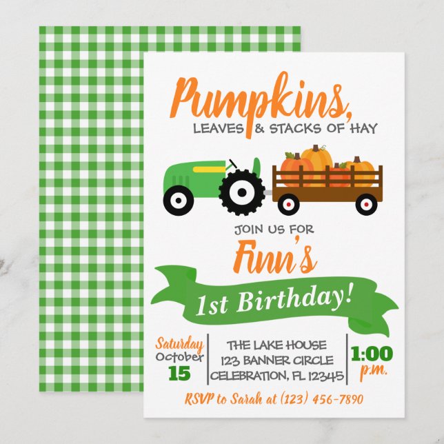 Pumpkin Truck Birthday Invitation - Green Tractor (Front/Back)