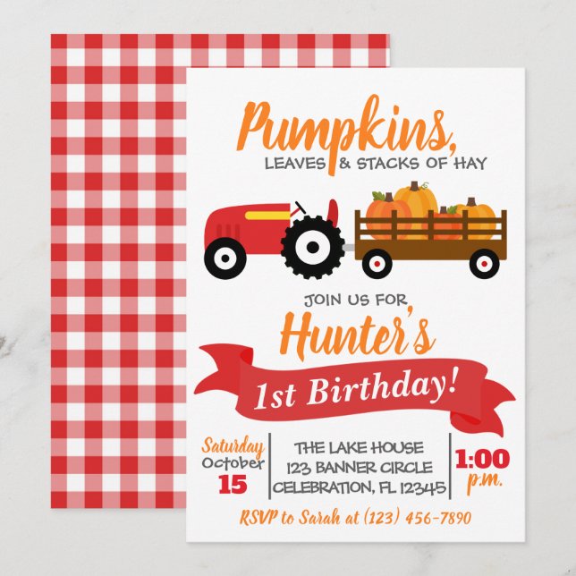 Pumpkin Truck Birthday Invitation - Red Tractor (Front/Back)