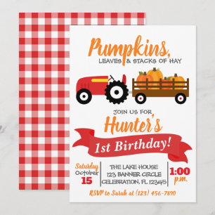 Pumpkin Truck Birthday Invitation - Red Tractor