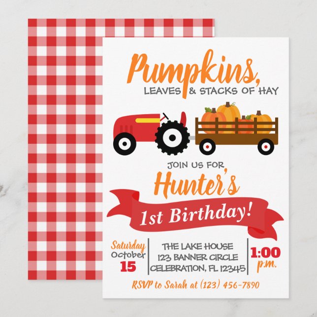 Pumpkin Truck Birthday Invitation - Red Tractor (Front/Back)