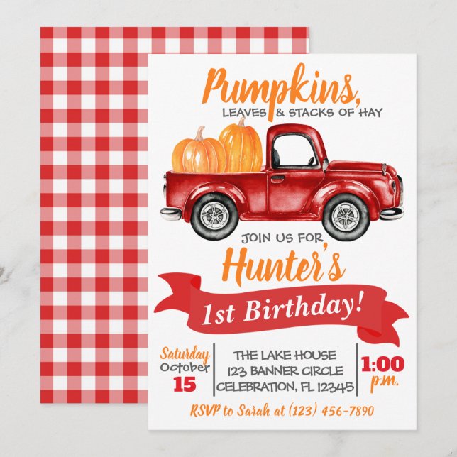 Pumpkin Truck Birthday Invitation - Red Truck (Front/Back)