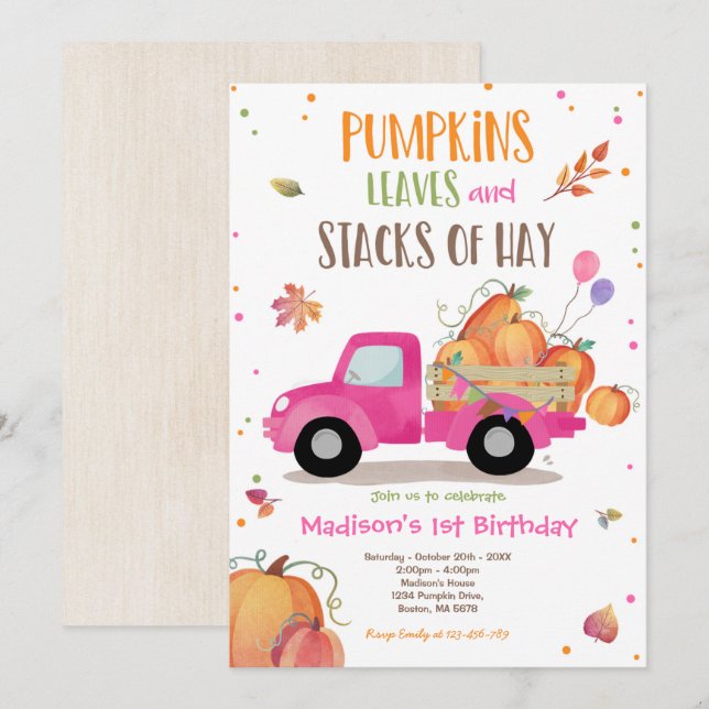 Pumpkin Truck Birthday Party Fall Pumpkin Birthday Invitation (Front/Back)