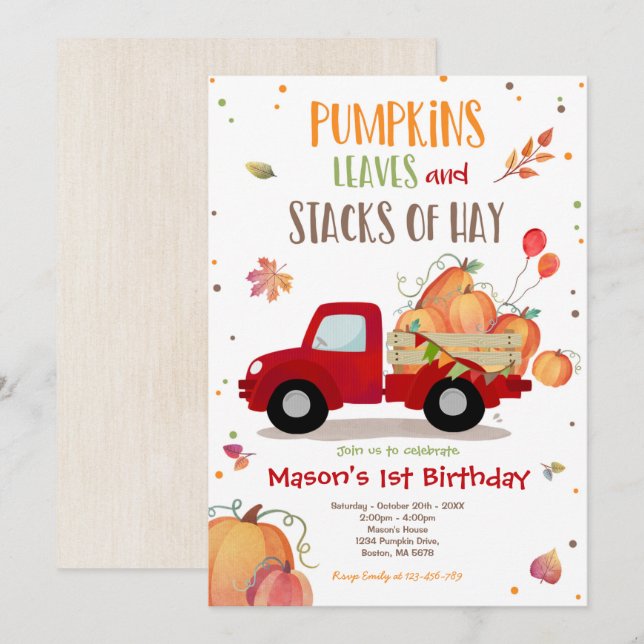 Pumpkin Truck Birthday Party Fall Pumpkin Birthday Invitation (Front/Back)