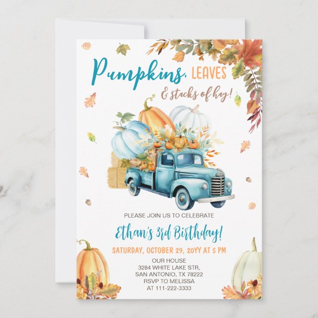 Pumpkin Truck Fall Boy Birthday Party Invitation (Front)