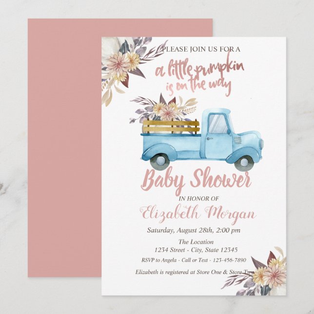 Pumpkin Truck Floral Rose Gold Baby Shower  Invitation (Front/Back)