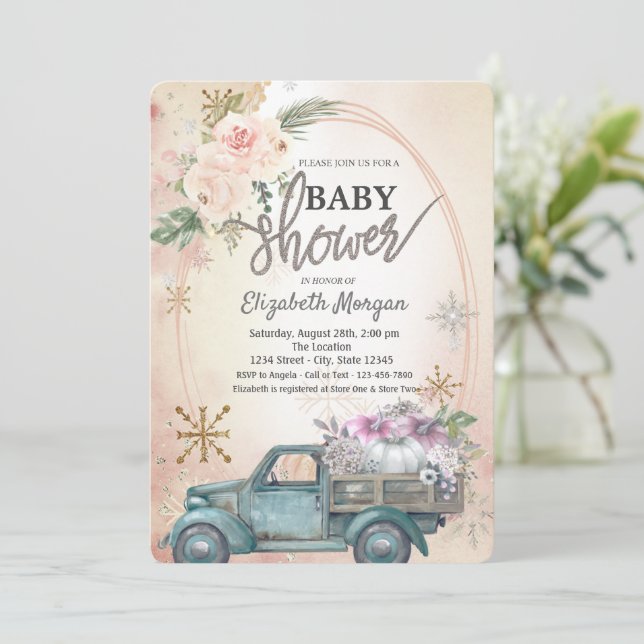 Pumpkin Truck,Flowers,Snowflakes Baby Shower Invitation (Standing Front)