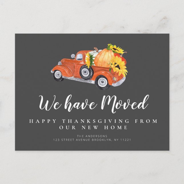 pumpkin truck holiday grey moving announcement postcard (Front)