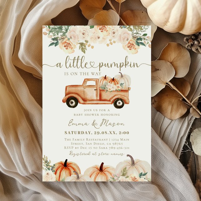Pumpkin Truck Orange Fall Neutral Baby Shower Invitation (Creator Uploaded)