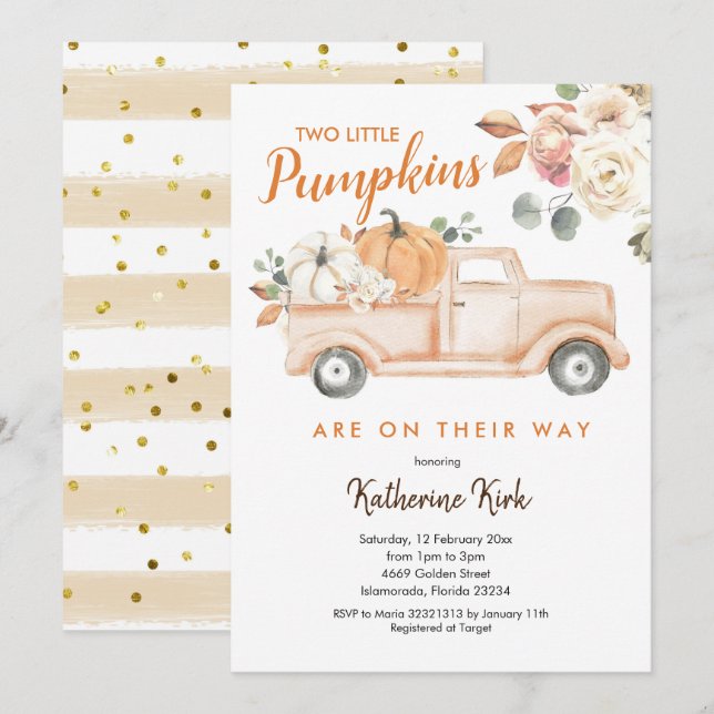 Pumpkin Truck Twins Floral Baby Shower Invitation (Front/Back)